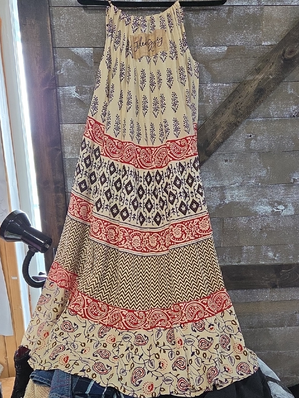 Jaded Gypsy Bohemian Cream Maxi Dress with Red & Black Print